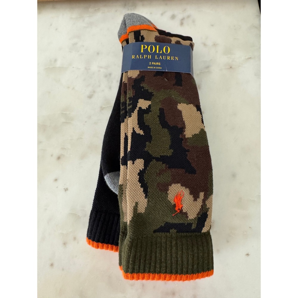 Polo Ralph Lauren Mens 2 Pair Camo Black Crew Socks Size 13-16 Orange Trim NEW